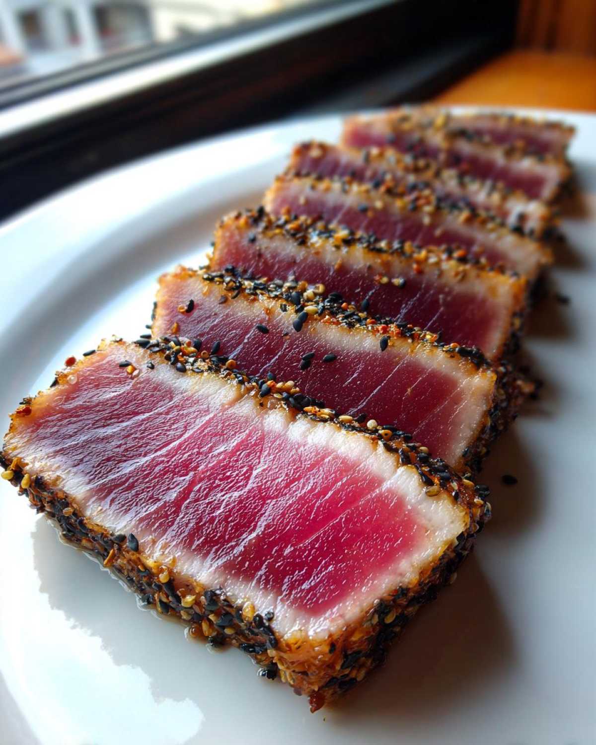 Close-up of perfectly Seared Ahi Tuna, sliced and crusted with black and white sesame seeds.