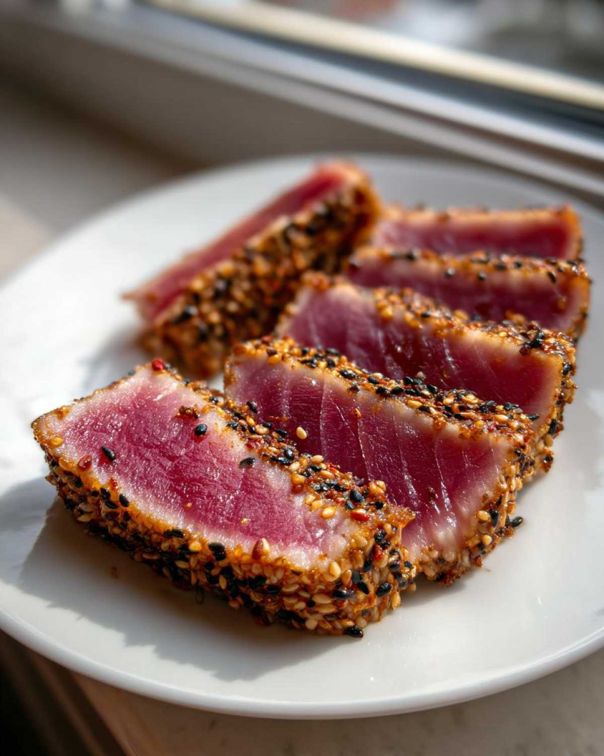 Four slices of perfectly seared ahi tuna, crusted with black and white sesame seeds, showing a rare center.