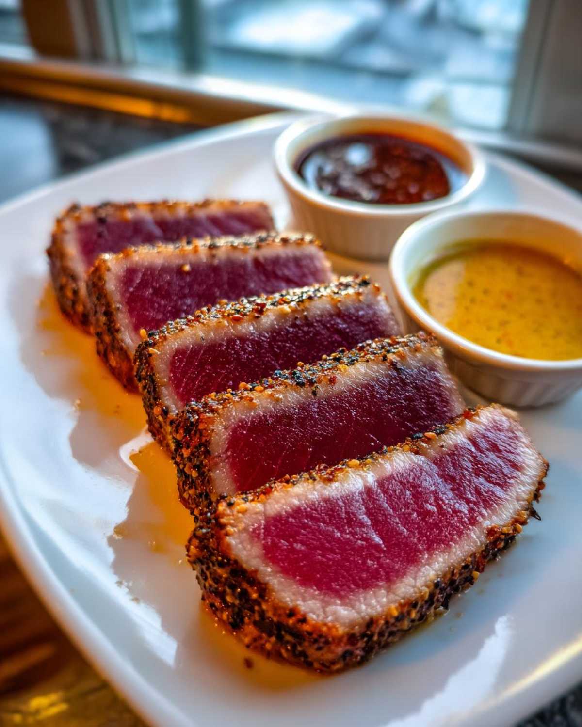 Four slices of perfectly seared tuna steak, crusted with pepper, served with two dipping sauces.