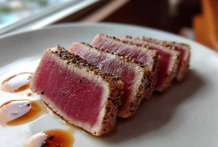 Four slices of perfectly seared tuna steak with a black pepper crust, served with a light sauce, showcasing the MARINADE FOR TUNA STEAK results.
