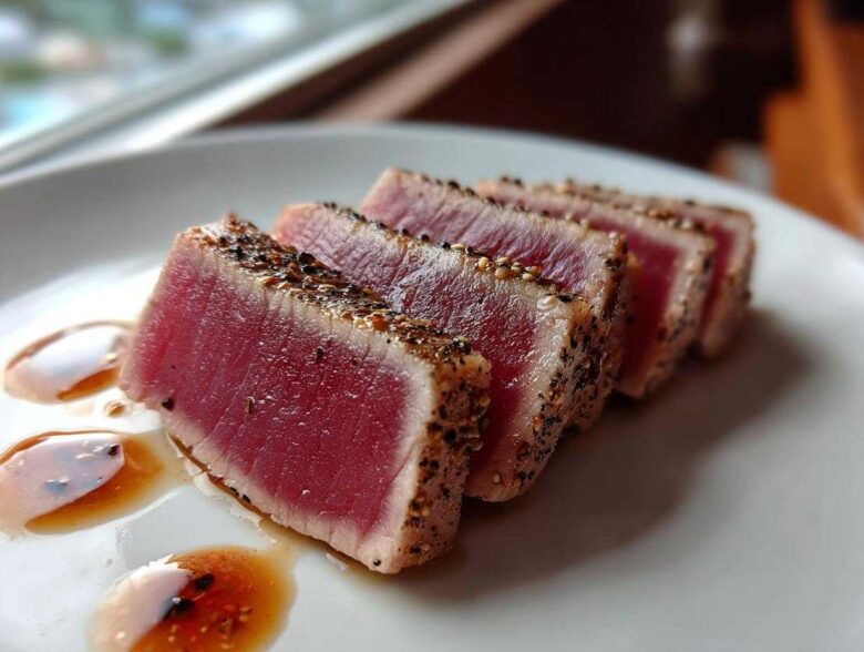 Four slices of perfectly seared tuna steak with a black pepper crust, served with a light sauce, showcasing the MARINADE FOR TUNA STEAK results.