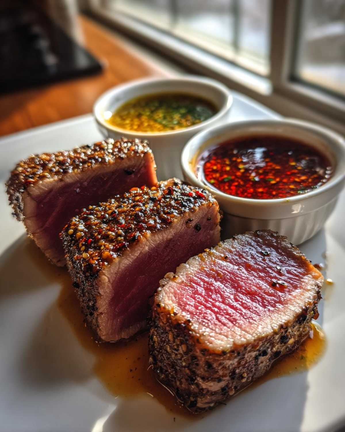 Three slices of perfectly seared tuna steak with a dark crust served alongside two small bowls of dipping sauce, highlighting the MARINADE FOR TUNA STEAK results.