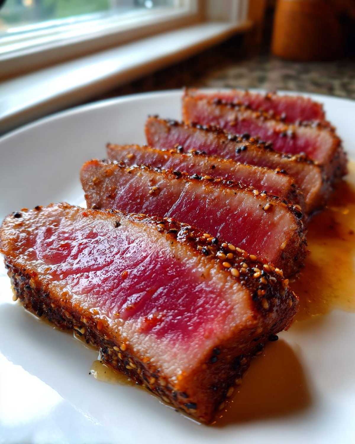 Slices of perfectly seared tuna steak, showing a rare red center and a sesame seed crust, ready to be served.