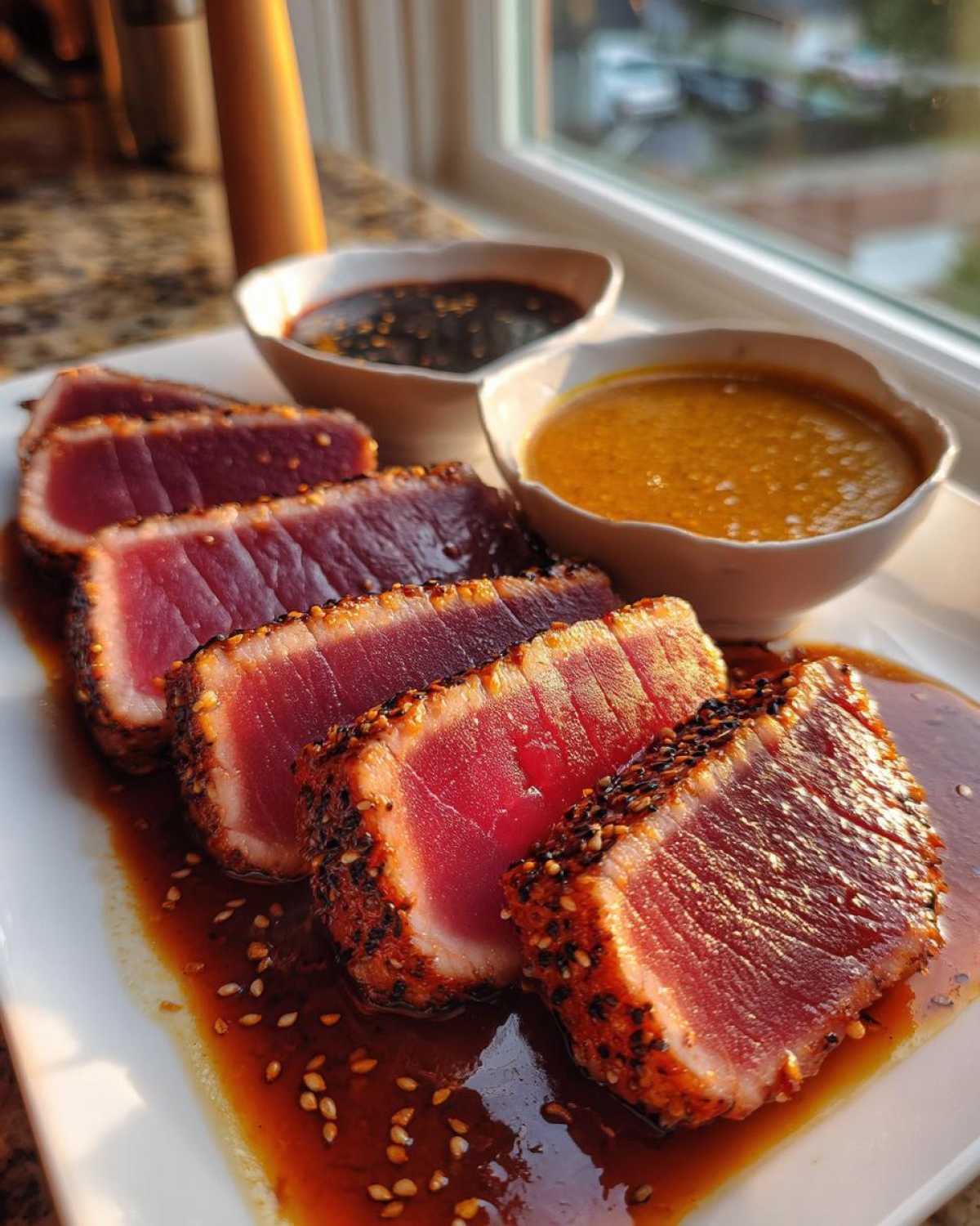 Four slices of perfectly seared, sesame-crusted tuna steak served with two dipping sauces, likely using a MARINADE FOR TUNA STEAK.