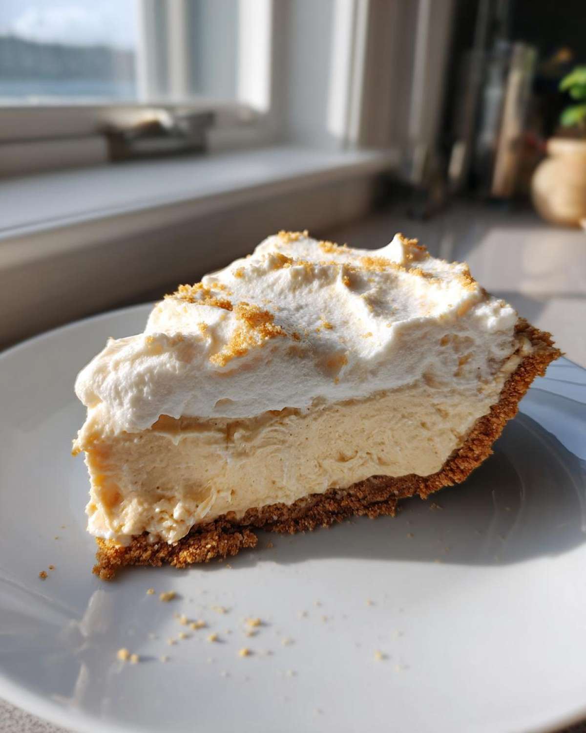 A close-up of a decadent slice of peanut butter pie with a thick layer of whipped topping on a white plate.