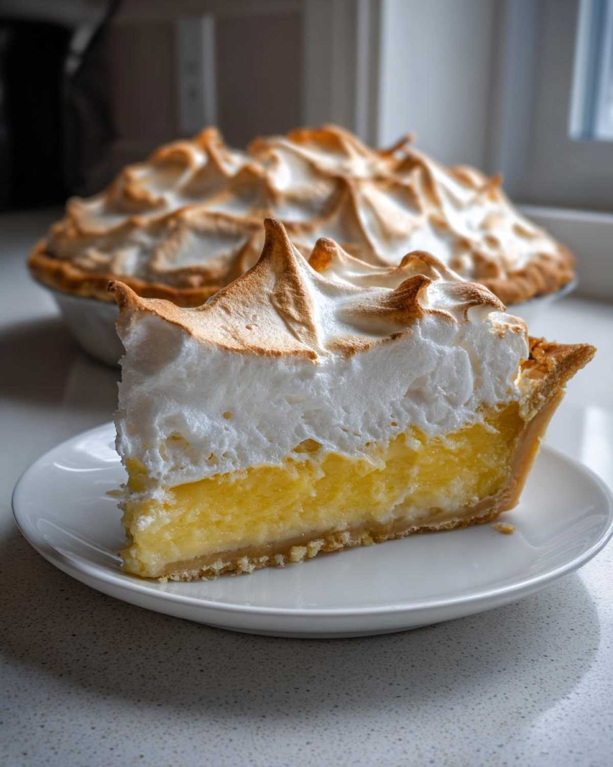 A thick slice of stunning lemon meringue pie showing bright yellow filling and tall, toasted meringue peaks.