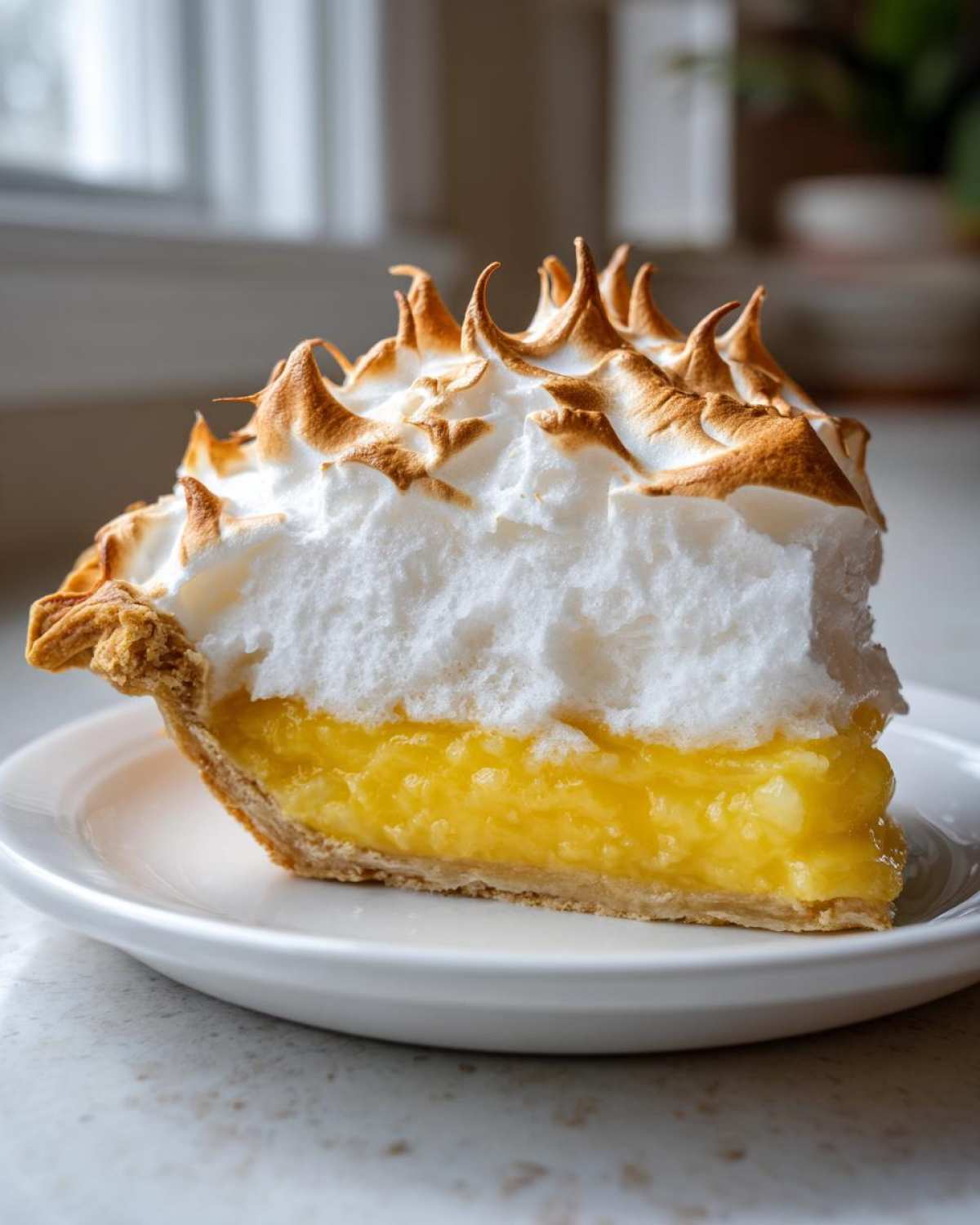 A tall slice of lemon meringue pie showing bright yellow filling and fluffy, torched meringue peaks.