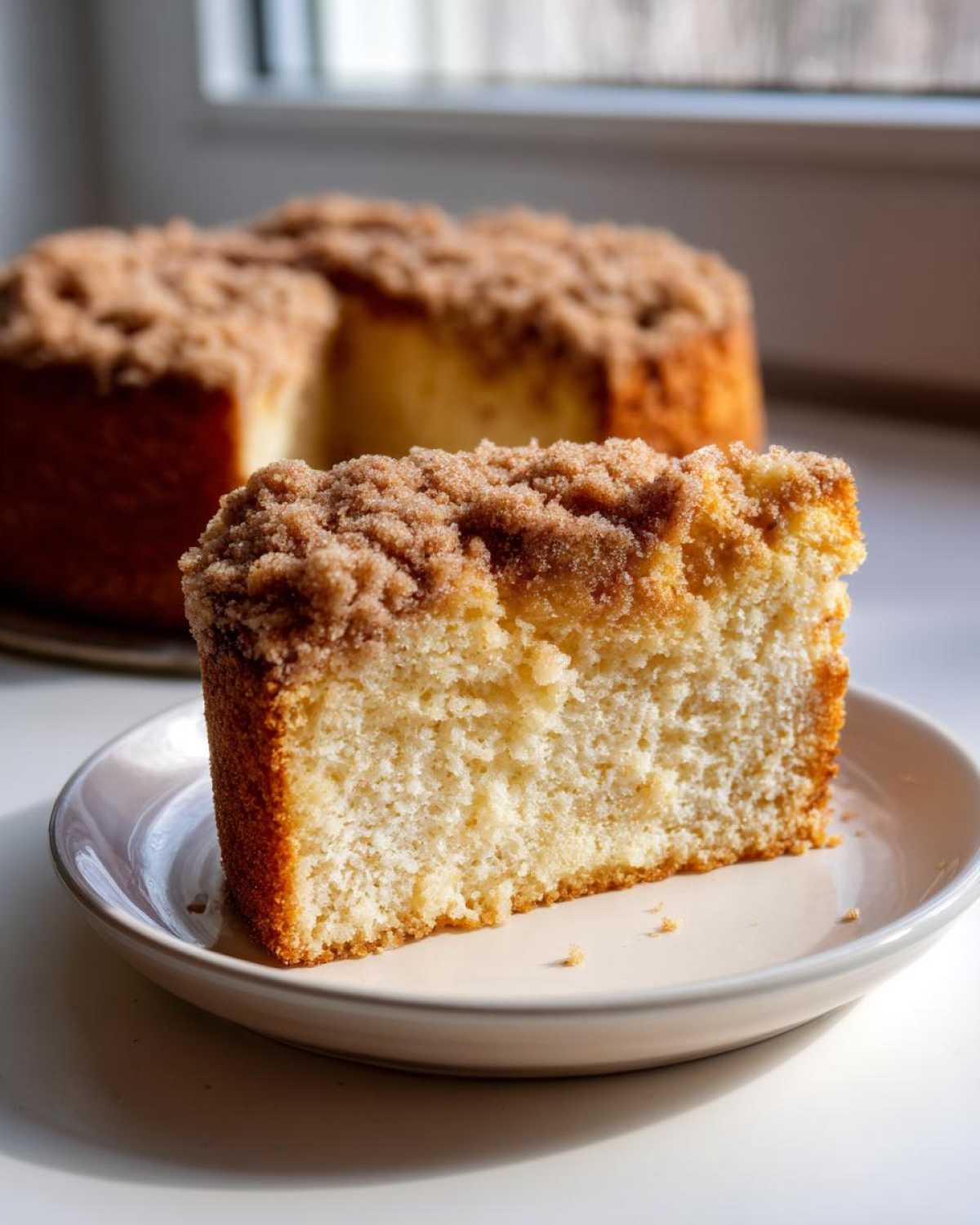 A close-up slice of moist coffee cake with a thick, crumbly streusel topping, served on a small plate.