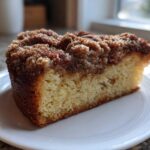A close-up of a thick slice of moist coffee cake topped generously with dark brown, crumbly streusel.