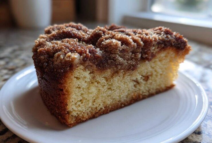 A close-up of a thick slice of moist coffee cake topped generously with dark brown, crumbly streusel.
