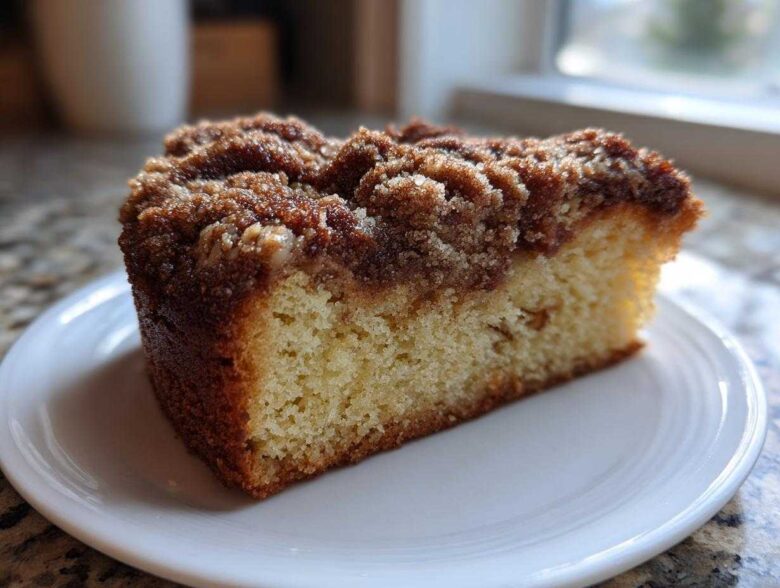 A close-up of a thick slice of moist coffee cake topped generously with dark brown, crumbly streusel.