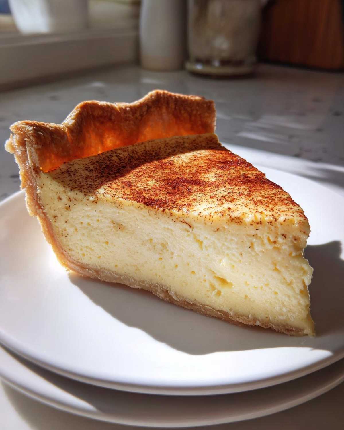 A perfect slice of creamy egg custard pie, dusted with cinnamon, sitting on white plates.