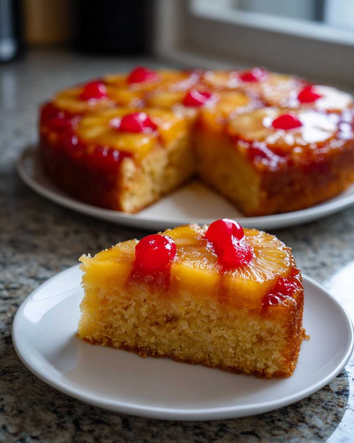 A close-up slice of moist pineapple upside down cake topped with caramelized pineapple rings and maraschino cherries.