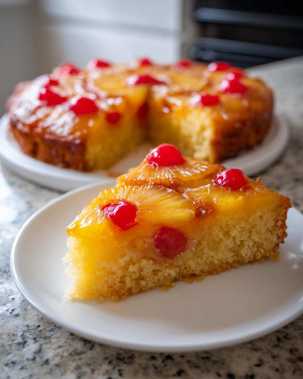 A close-up of a slice of moist pineapple upside down cake topped with caramelized pineapple rings and maraschino cherries.