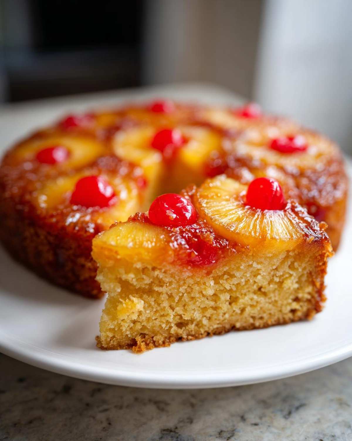 A slice of moist pineapple upside down cake topped with caramelized pineapple rings and maraschino cherries.