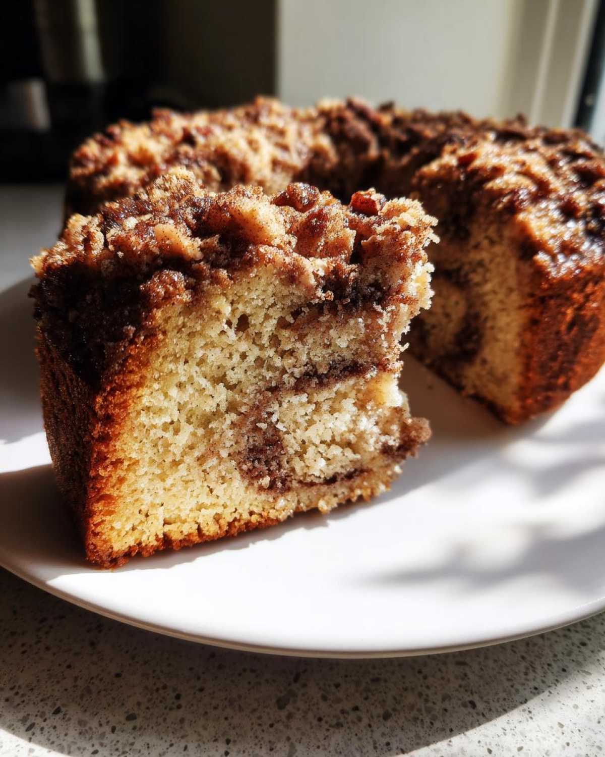A close-up slice of moist sour cream coffee cake featuring a thick cinnamon swirl and crunchy streusel topping.