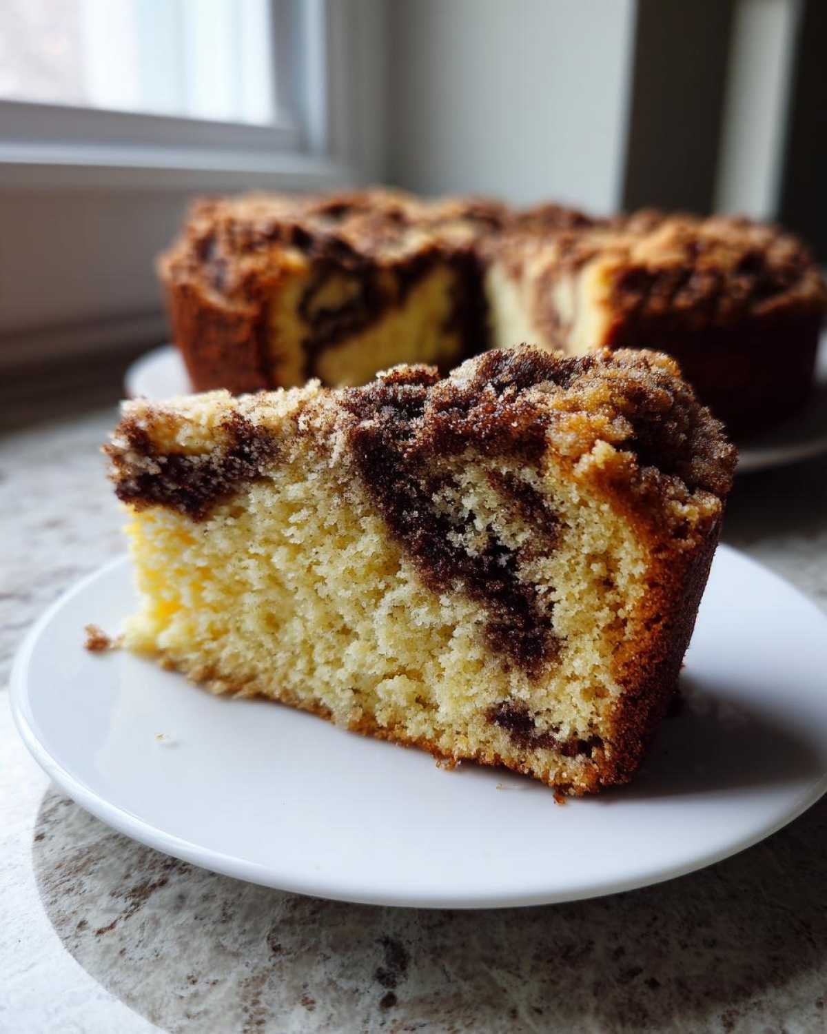 Close-up of a moist slice of sour cream coffee cake with chocolate swirls and a thick cinnamon streusel topping.