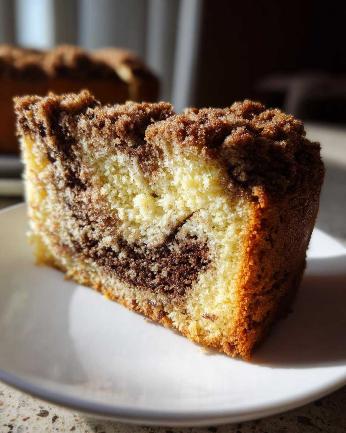 Close-up of a moist slice of sour cream coffee cake showing the marbled vanilla and chocolate swirl and crunchy cinnamon streusel topping.
