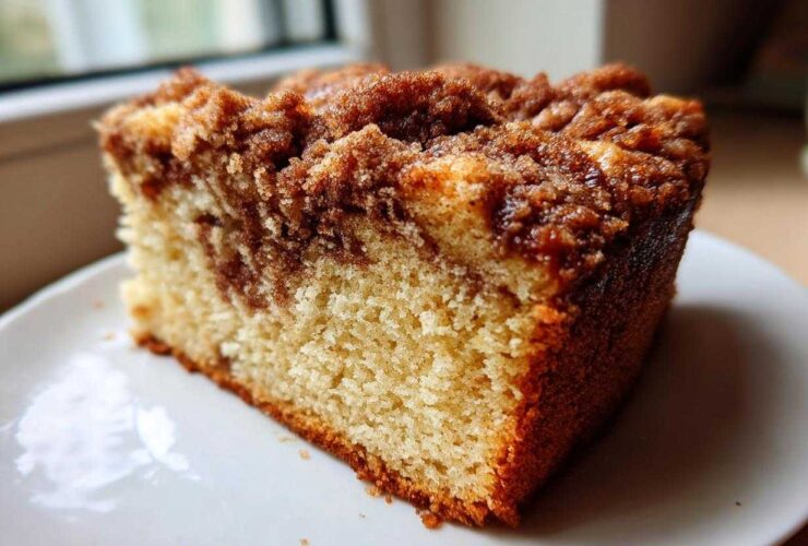 A close-up slice of moist sour cream coffee cake featuring a marbled cinnamon swirl and thick, crumbly streusel topping.