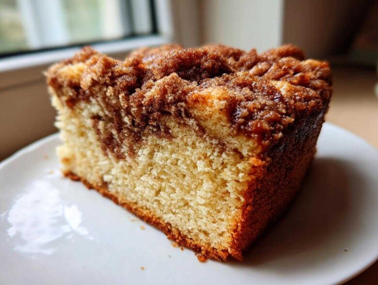 A close-up slice of moist sour cream coffee cake featuring a marbled cinnamon swirl and thick, crumbly streusel topping.