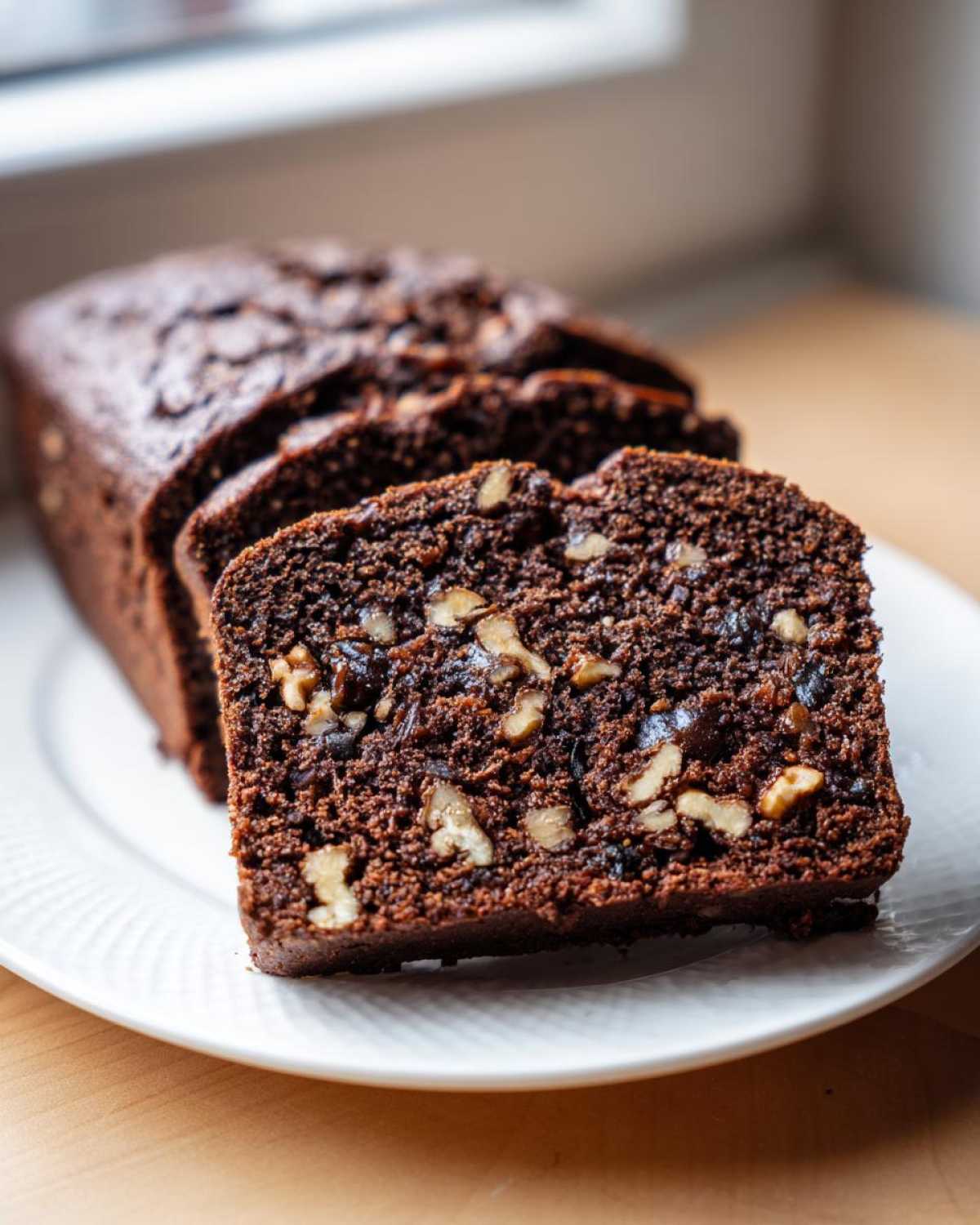 Close-up of rich, dark chocolate date nut bread, sliced to show walnuts and dates inside.