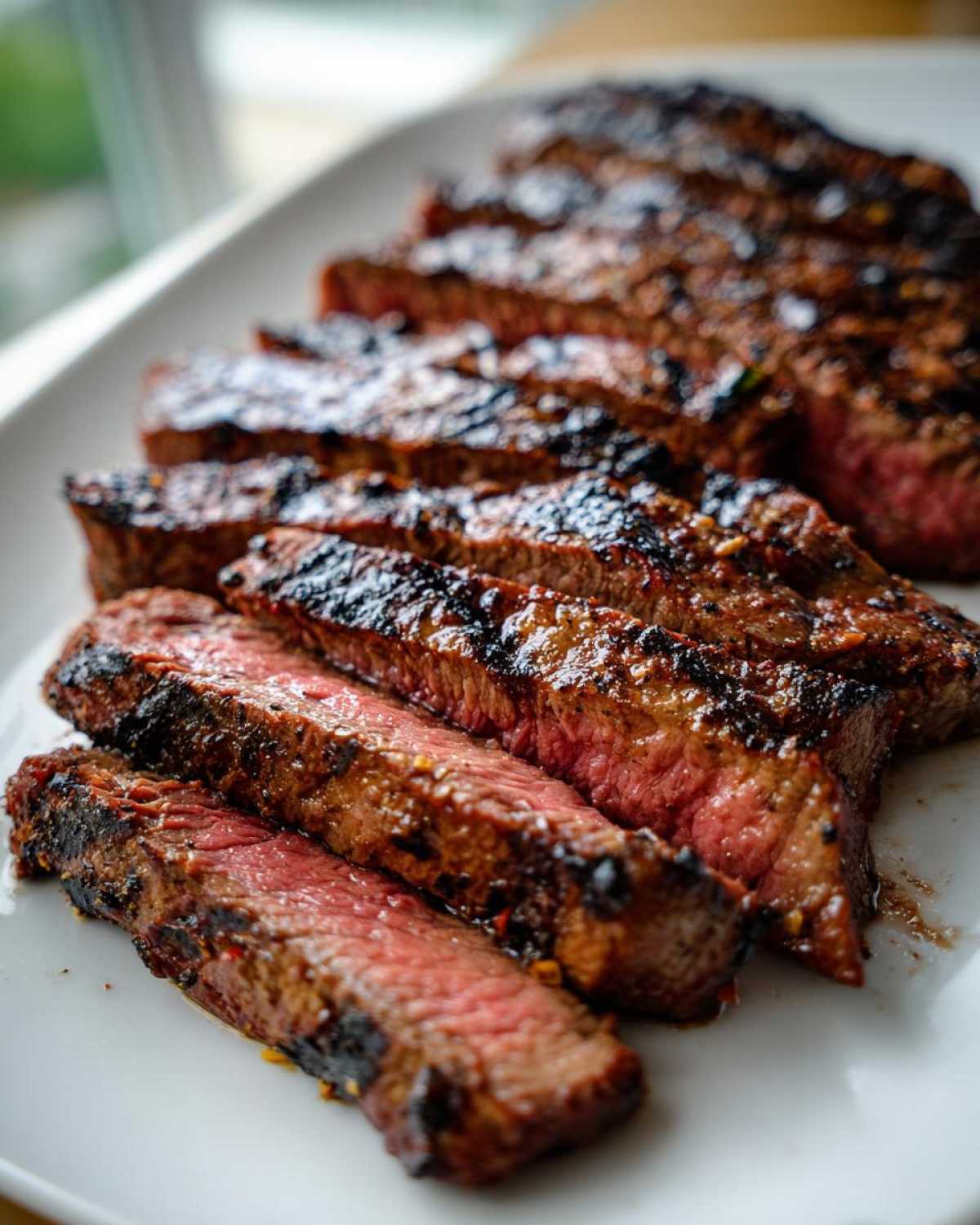 Close-up of medium-rare sliced steak showing juicy pink center, marinated with Carne asada marinade.