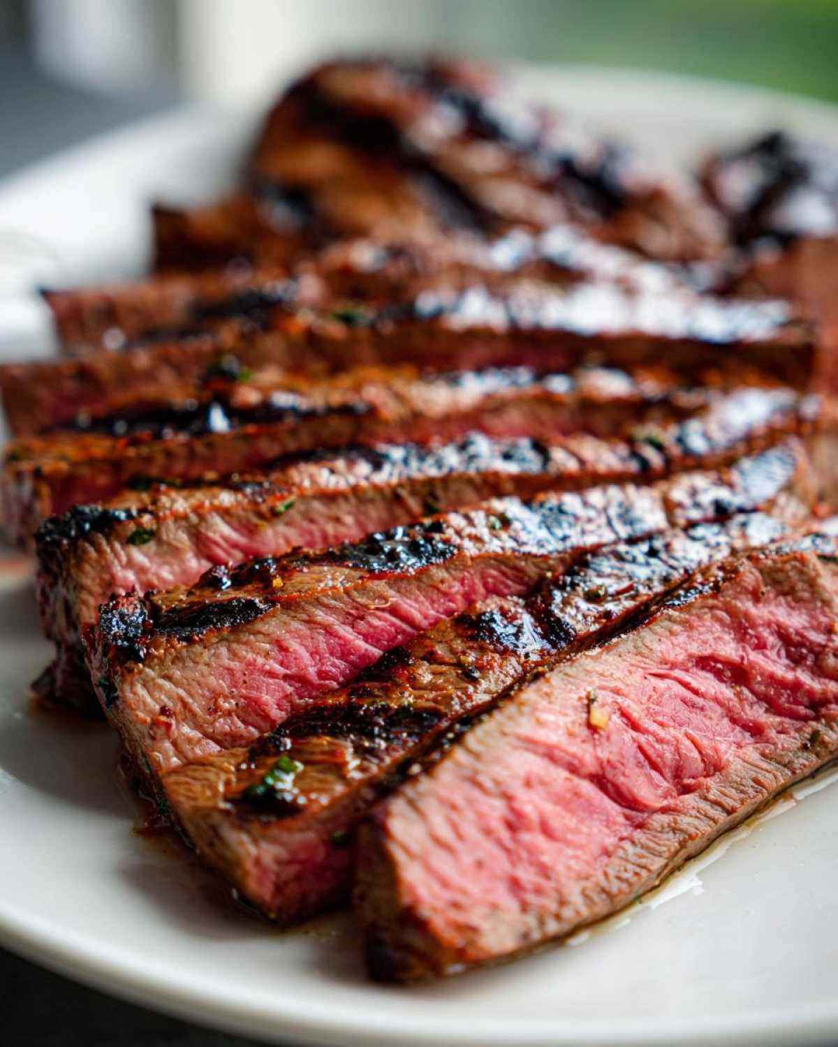 Close-up of medium-rare steak slices showing grill marks, likely prepared with carne asada marinade.