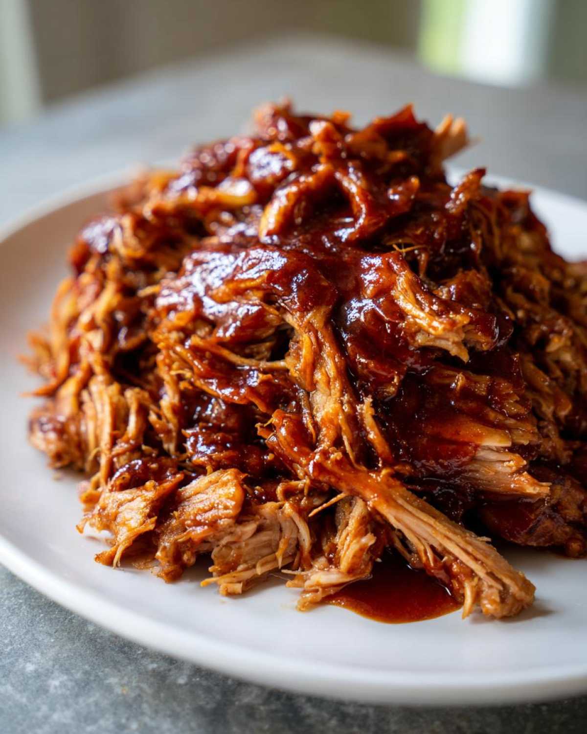 Close-up of tender, shredded Slow Cooker Pulled Pork generously coated in rich, dark BBQ sauce on a white plate.