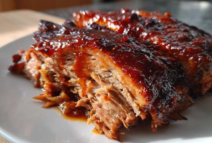 Close-up of tender, shredded Slow Cooker Pulled Pork coated in a thick, glossy BBQ sauce on a white plate.