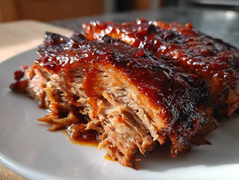 Close-up of tender, shredded Slow Cooker Pulled Pork coated in a thick, glossy BBQ sauce on a white plate.