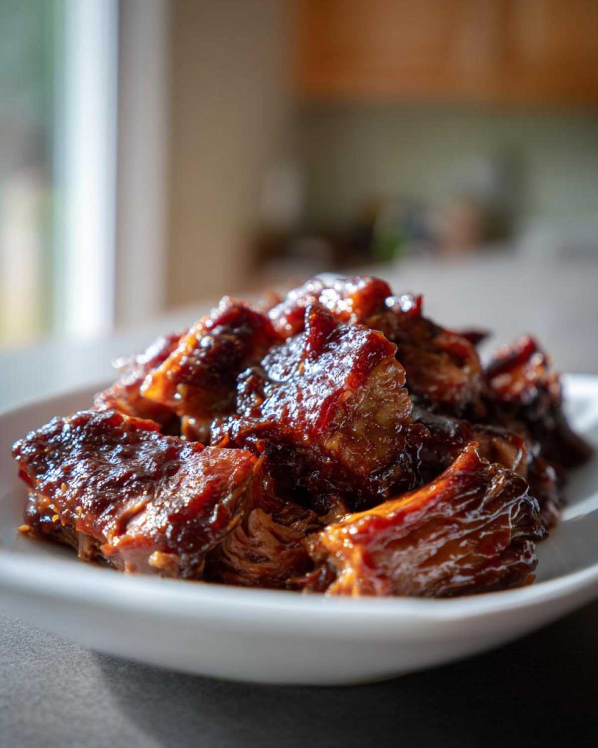 Close-up of saucy, shredded chunks of Slow Cooker Pulled Pork piled high on a white plate.
