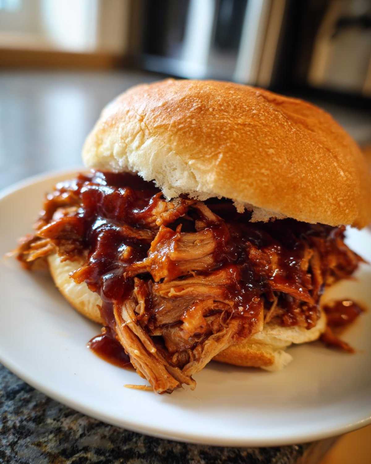 Close-up of a delicious sandwich filled with saucy Slow Cooker Pulled Pork on a white plate.