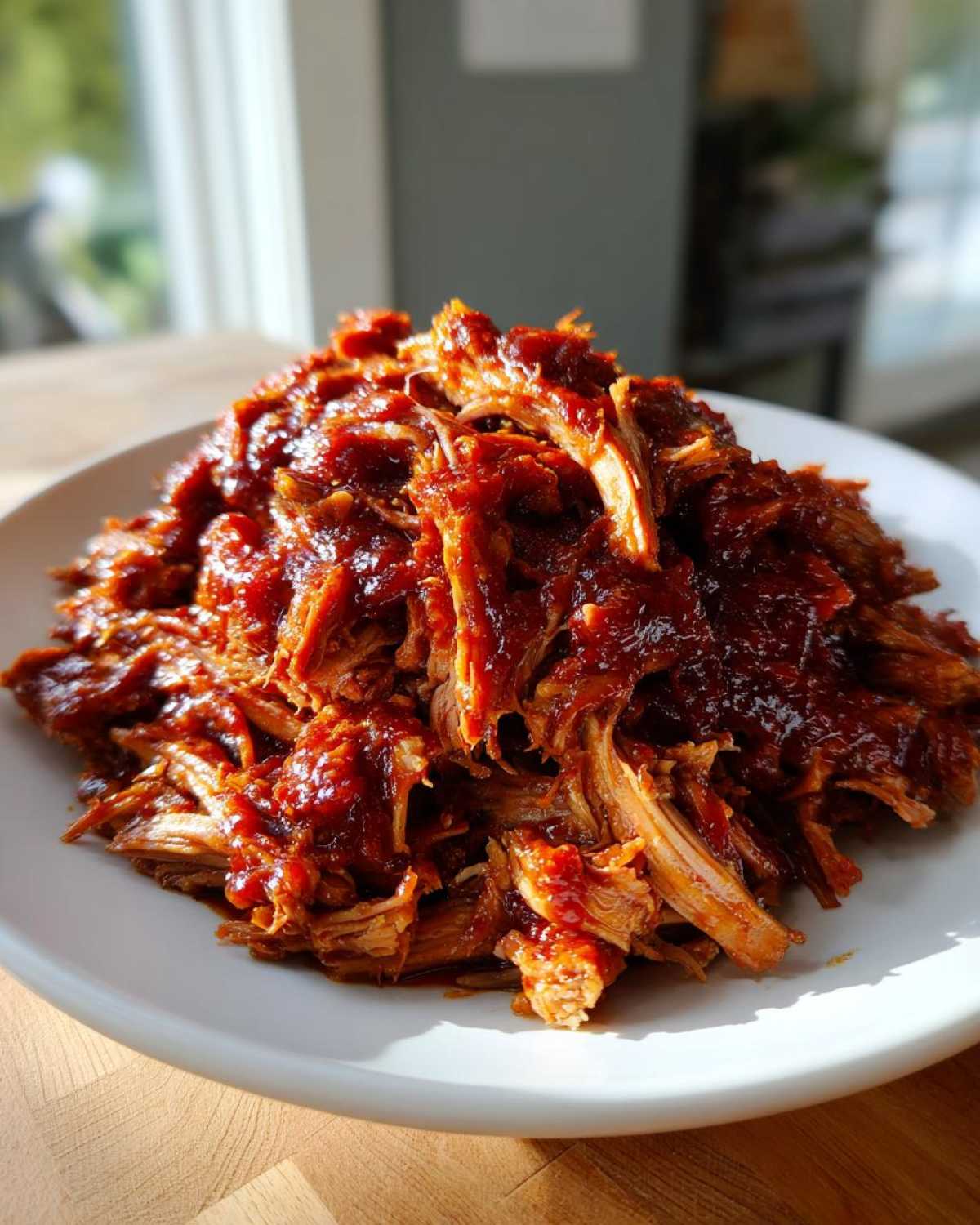 A close-up of a generous mound of saucy Slow Cooker Pulled Pork piled high on a white plate.