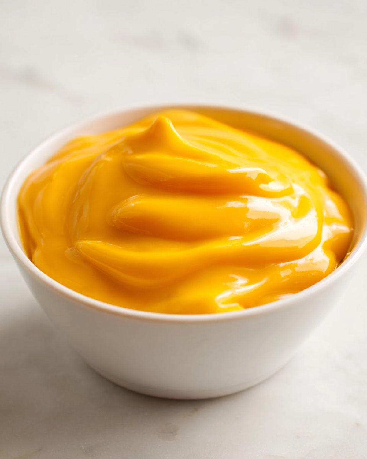 A close-up of rich, bright orange nacho cheese sauce swirled beautifully in a small white bowl.