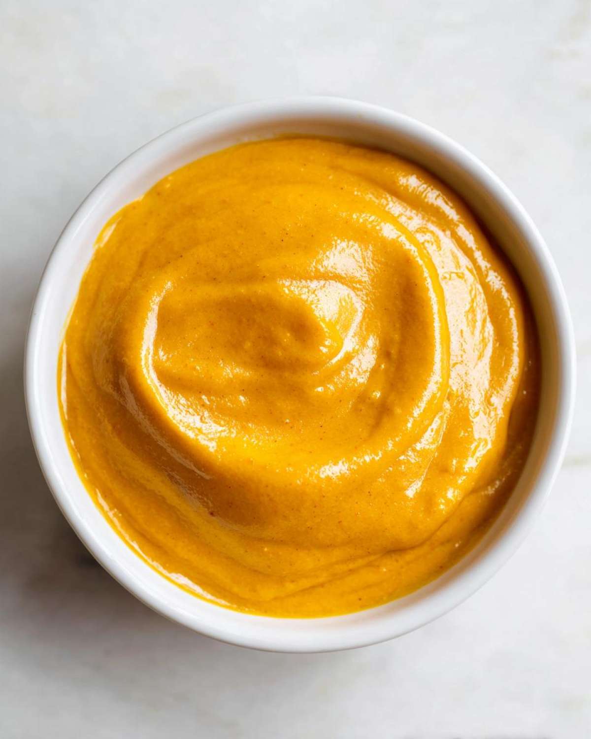 Overhead view of a small white bowl filled with vibrant, smooth nacho cheese sauce, showing a swirl pattern.