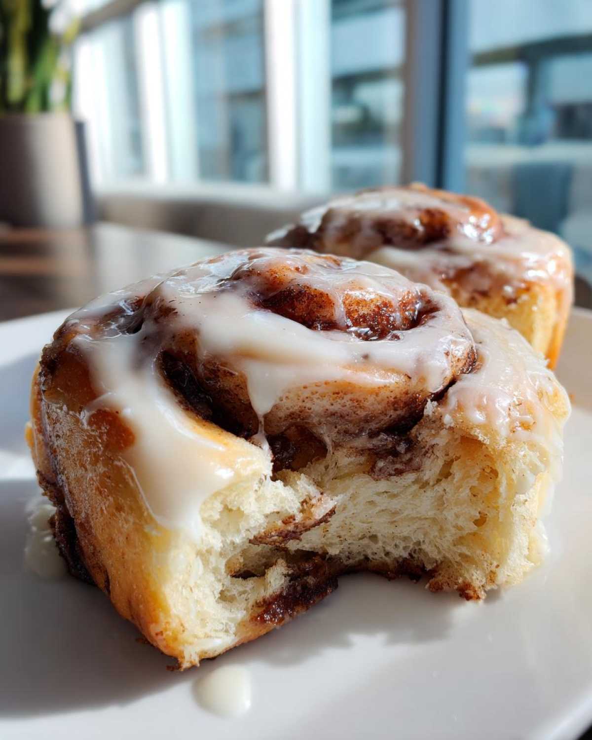 A soft, fluffy cinnamon roll with thick white icing, showing a bite taken out to reveal the swirl.