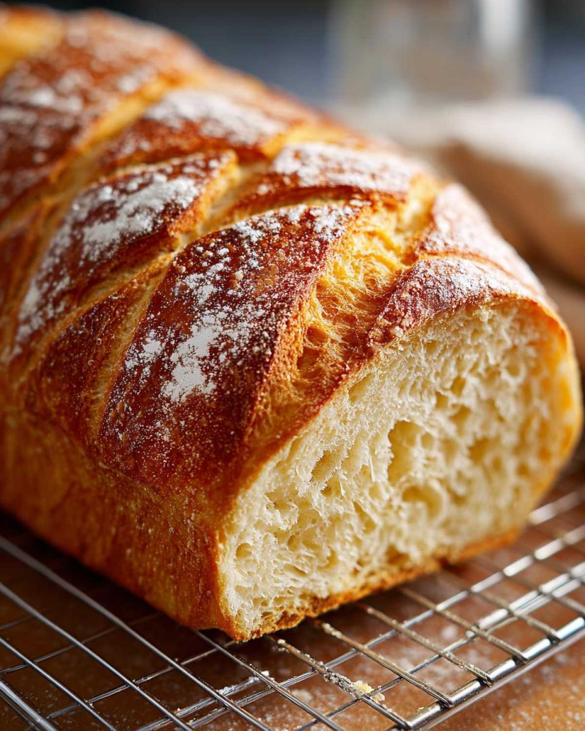 A close-up of a freshly baked loaf of soft French bread, dusted with flour, resting on a cooling rack.