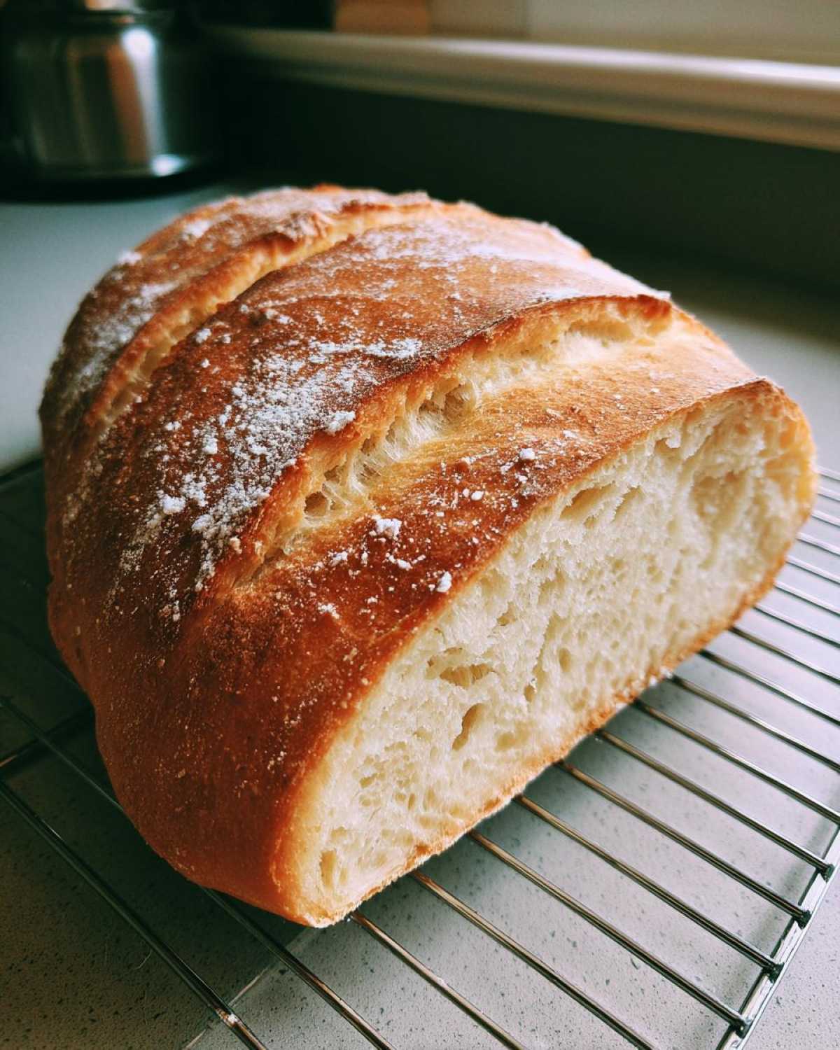 A freshly baked loaf of soft French bread, cut open to show the airy interior, cooling on a wire rack.