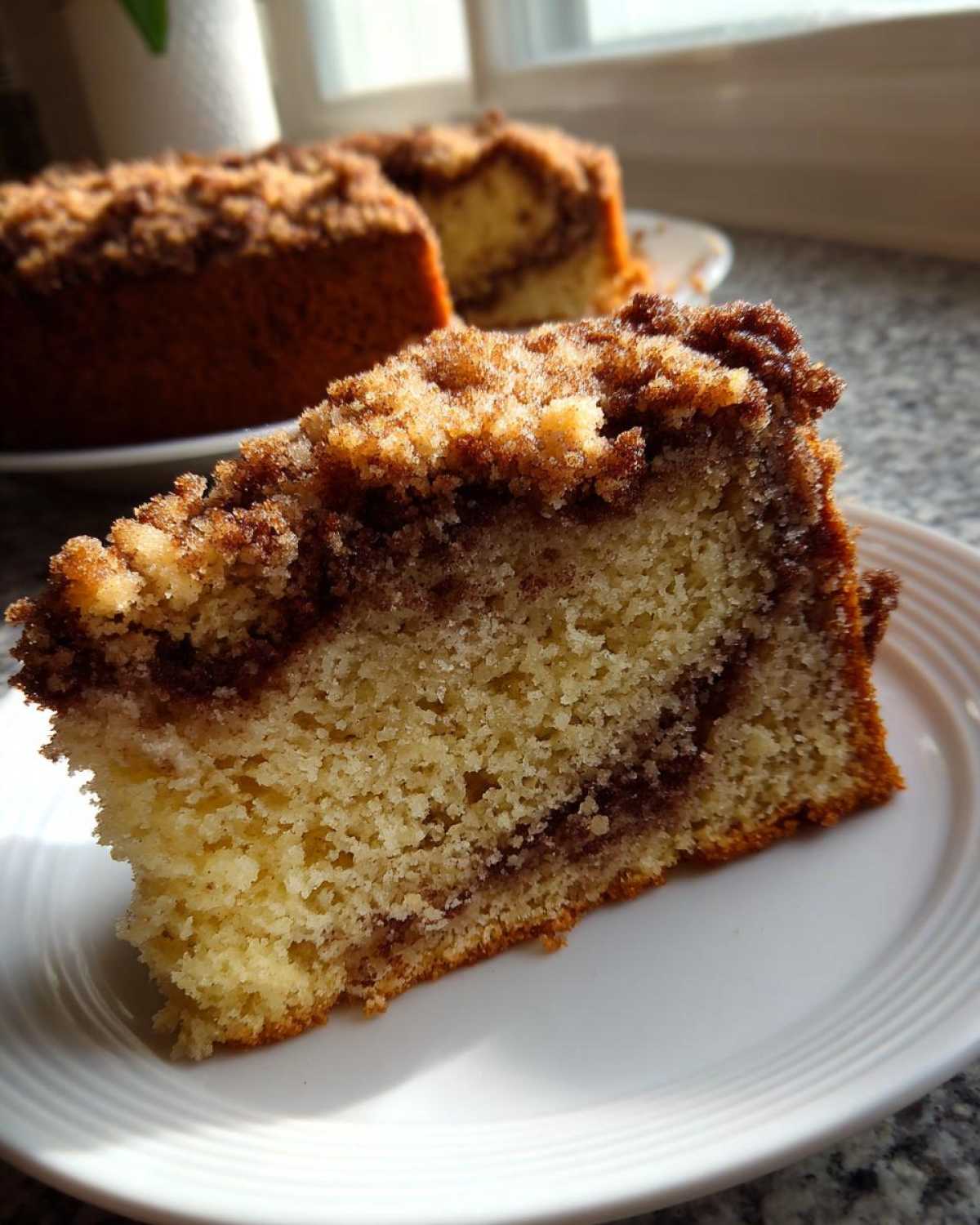 Close-up of a moist slice of sour cream coffee cake featuring a cinnamon swirl and thick brown sugar crumb topping.