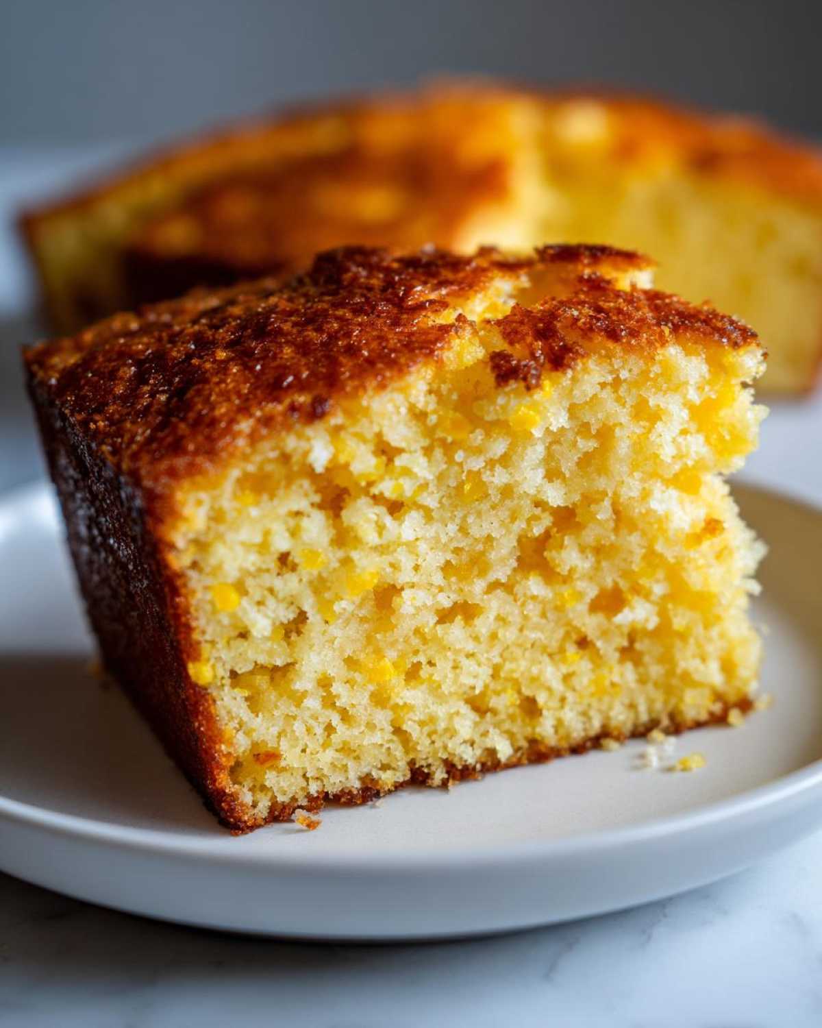Close-up of a thick slice of moist sourdough cornbread with a dark, caramelized top crust.