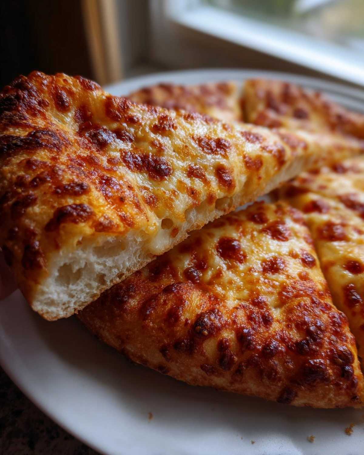 A slice of cheesy pizza showing the airy crust made from sourdough discard pizza dough being lifted.
