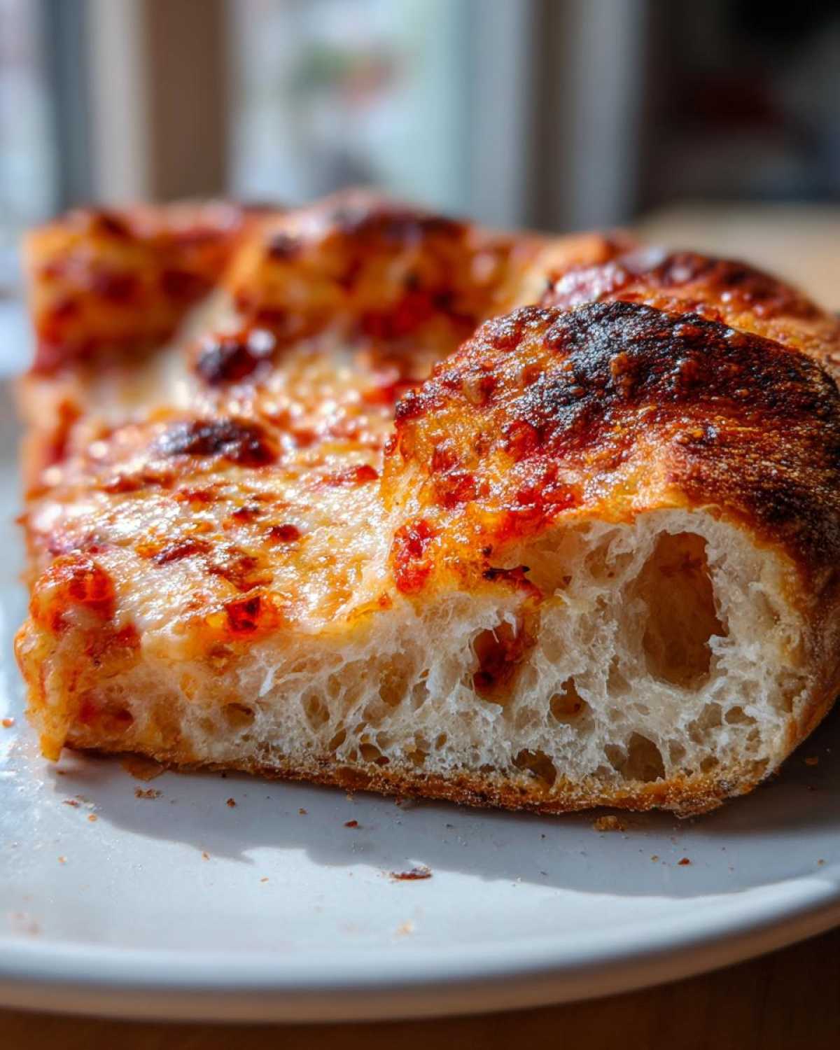 Close-up showing the airy, open crumb structure of a pizza slice made with sourdough discard pizza dough.