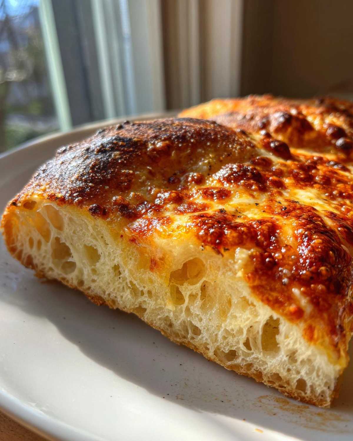 Close-up of a slice of pizza made with sourdough discard pizza dough showing a light, airy, open crumb structure.