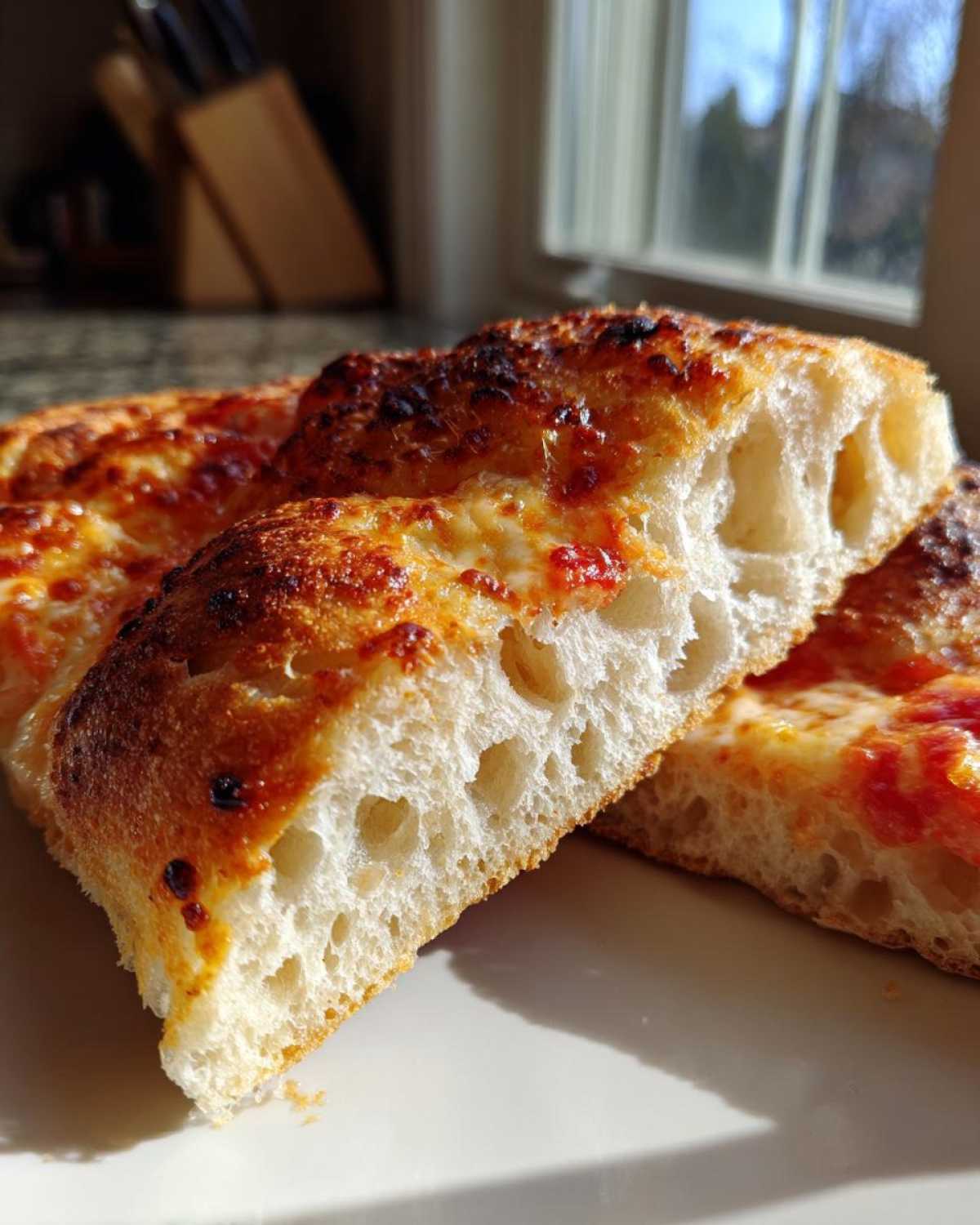 Close-up of the airy, open crumb structure of a slice made with sourdough discard pizza dough.