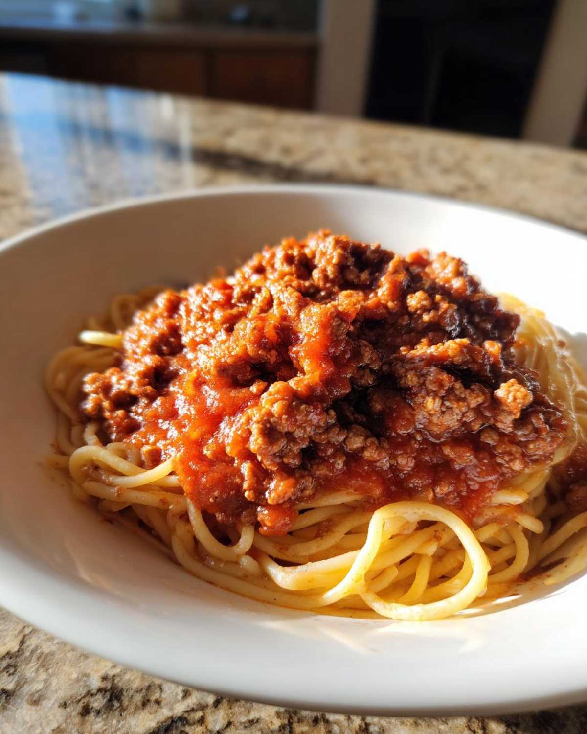 A close-up of spaghetti topped generously with rich, meaty bolognese sauce in a white bowl.