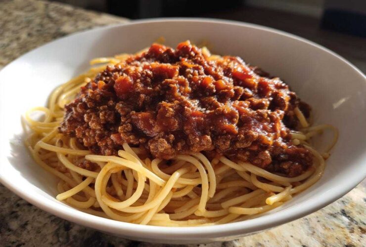 A white bowl filled with spaghetti noodles generously topped with a hearty portion of rich bolognese sauce.
