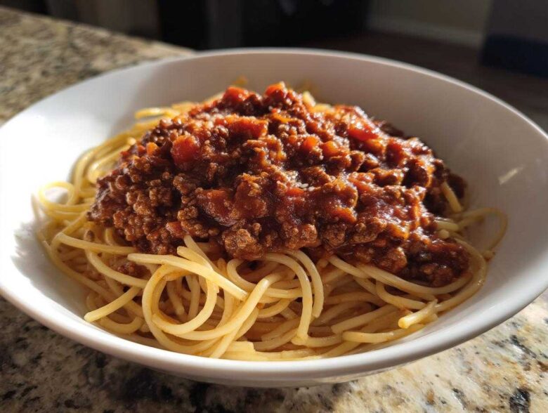 A white bowl filled with spaghetti noodles generously topped with a hearty portion of rich bolognese sauce.