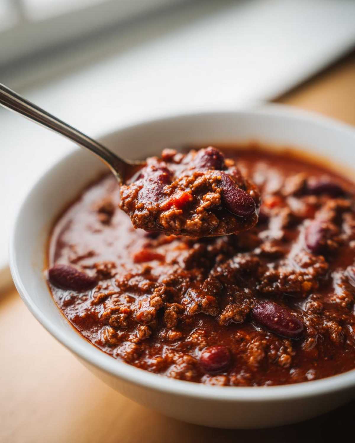 A spoonful of rich, thick chili with ground meat and kidney beans lifted from a white bowl, showcasing the best chili recipe.