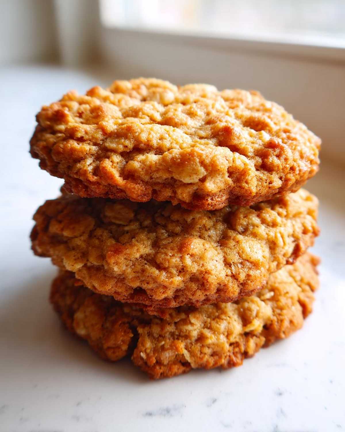 A vertical stack of three golden brown, chewy oatmeal cookie treats.