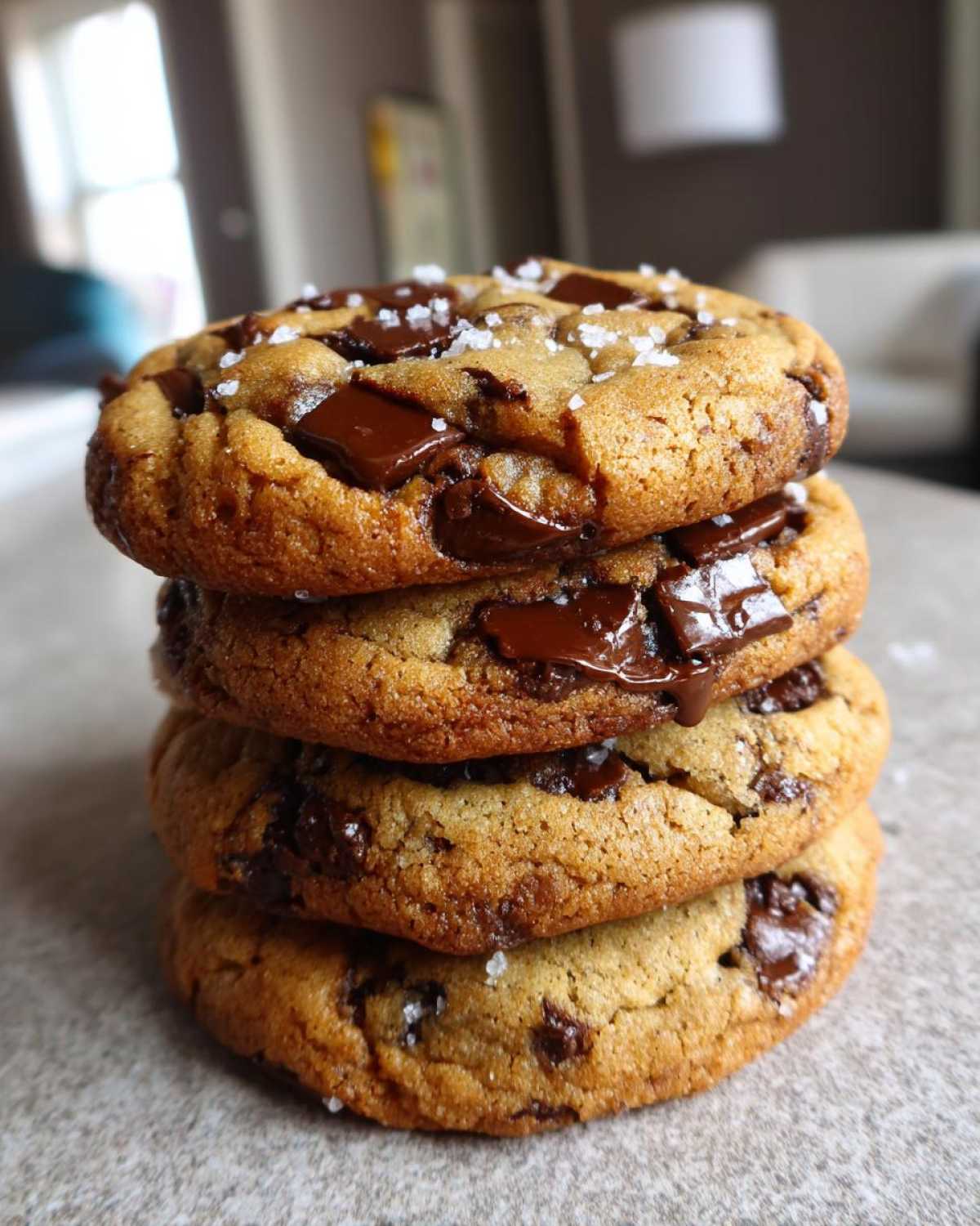 A stack of four thick, gooey chocolate chip cookies topped with flaky sea salt.